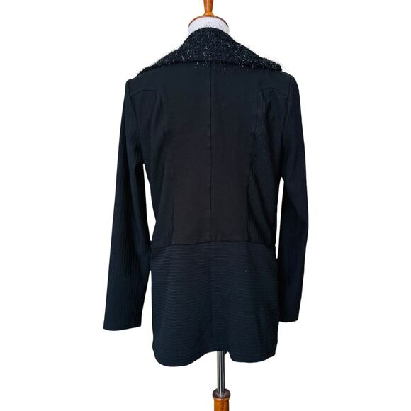 Simon Chang Black Eyelash Trim Ribbed Open Cardigan Jacket Tie Waist Size 4 - Picture 7 of 14